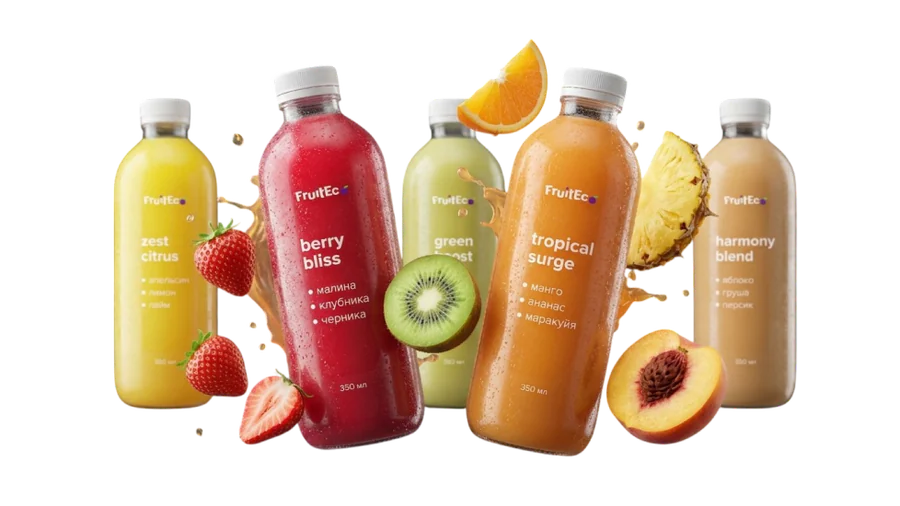 Пять разных бутылок FruitEco